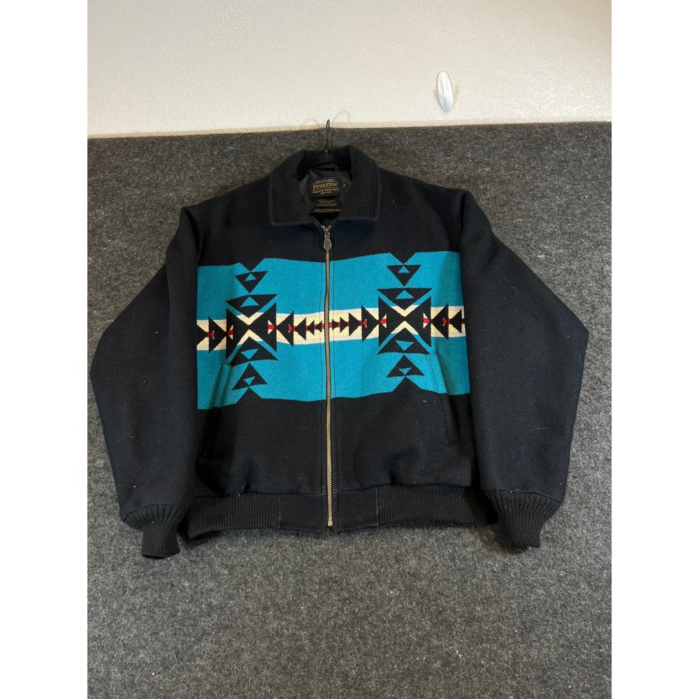 Pendleton High Grade Western Wear Wool Bomber Jacket XL Black Turquoise Aztec